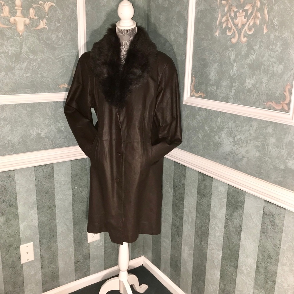 Brown Genuine Leather Coat w/faux Fur